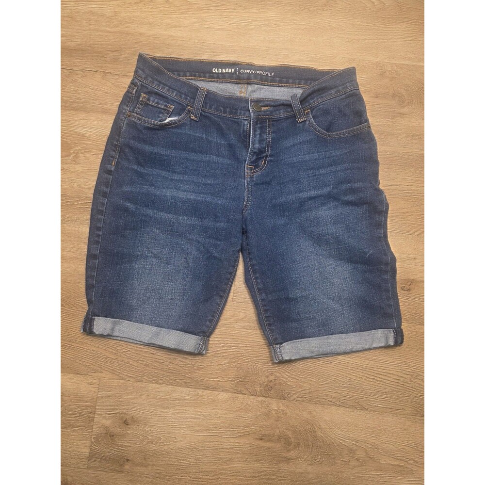 Old Navy Women Curvy Bermuda Denim Shorts Blue Cuffed Stretch Size 2 Regular